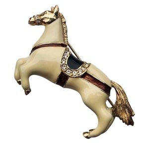 Vintage CINER Signed Cream Enamel Figural Horse Animal Brooch Rhinestones